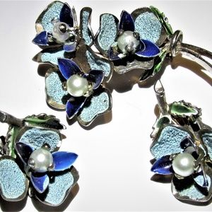 Vintage Enamel Flower Brooch and Clip Earrings Set